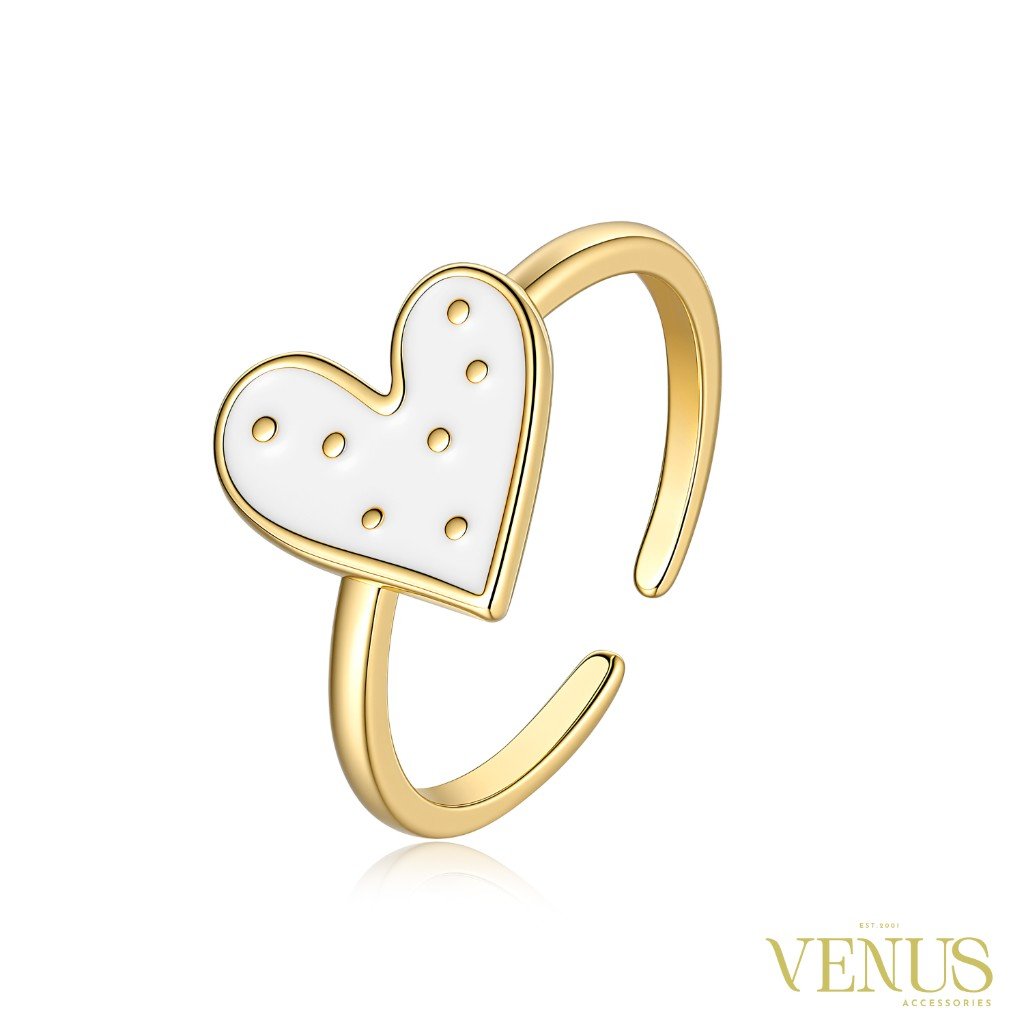 White Heart Enamel Gold Adjustable Ring