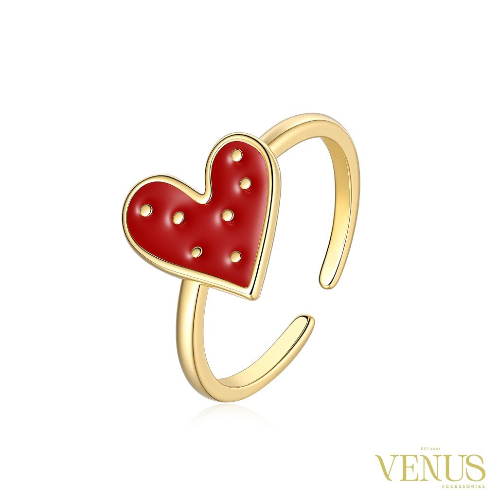 Red Polka Dot Heart Gold Adjustable Ring