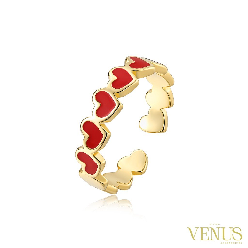 Red Heart Band Gold Adjustable Ring