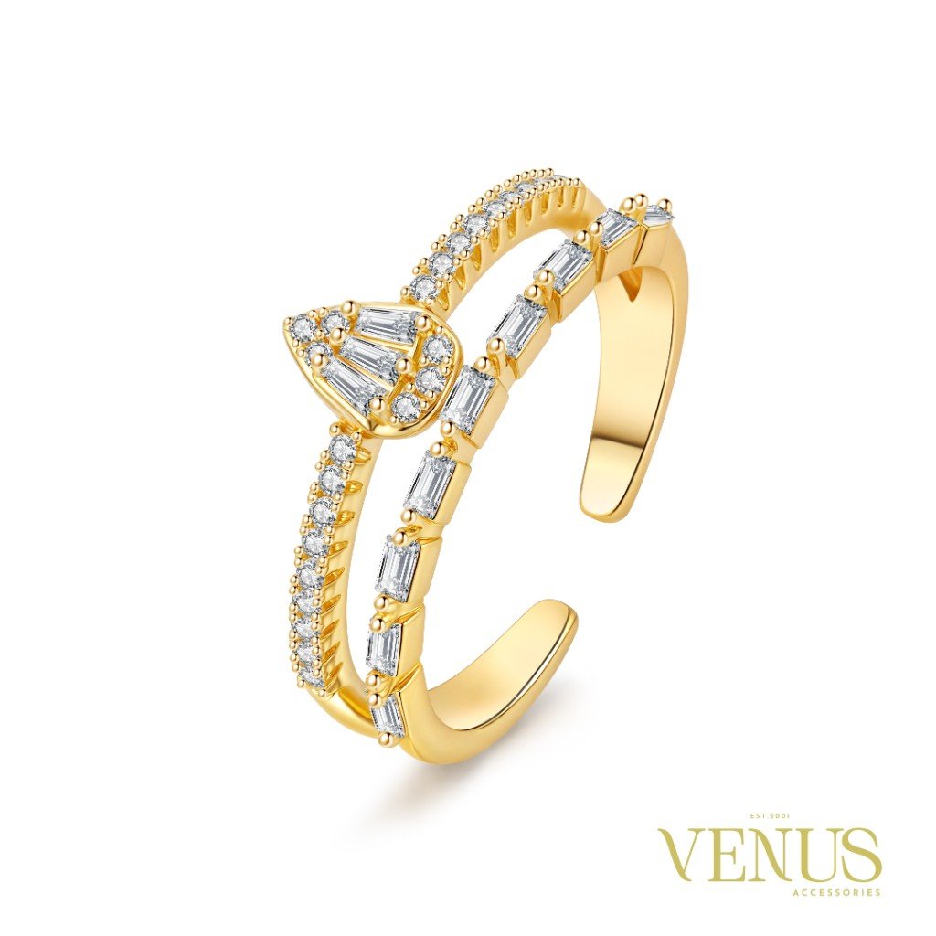 Teardrop Baguette Gold Adjustable Ring