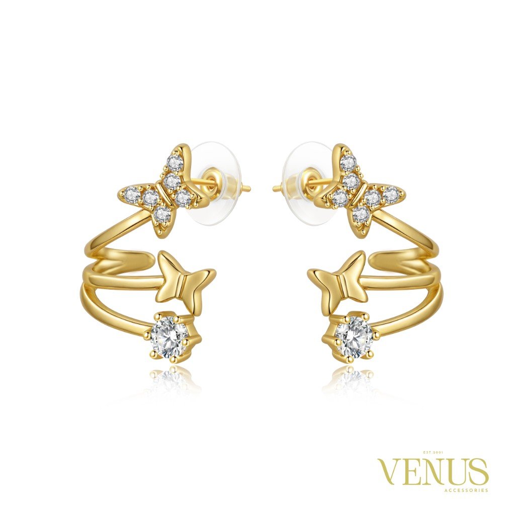 Butterfly Triple Band Gold Stud Earrings