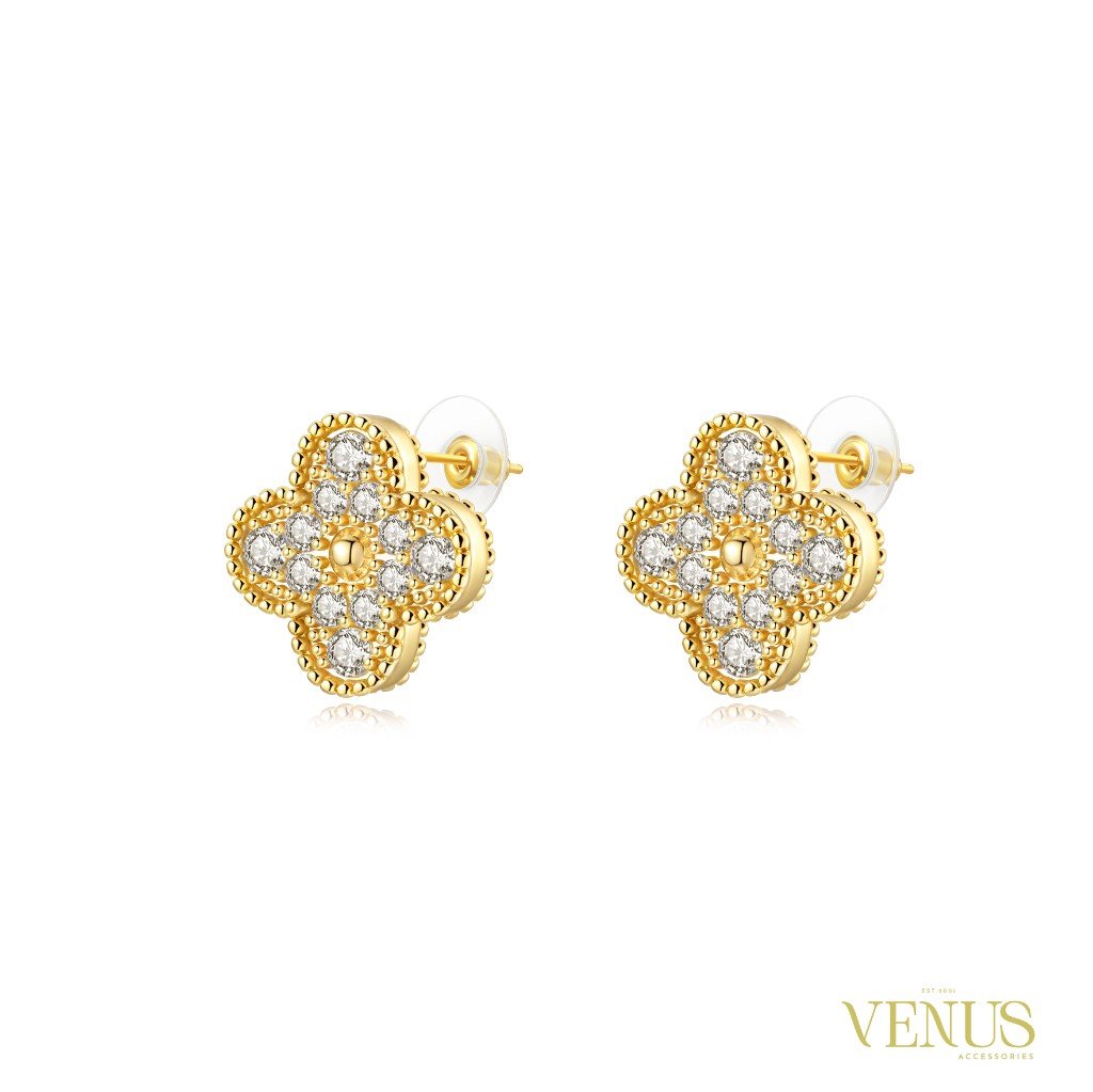 Four Leaf Clover Pavé Gold Stud Earrings