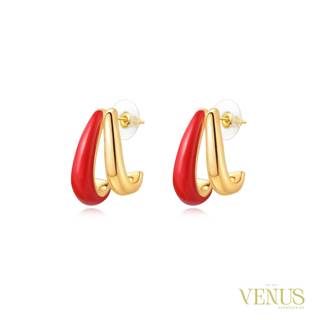 Red Enamel Double Band Gold Stud Earrings
