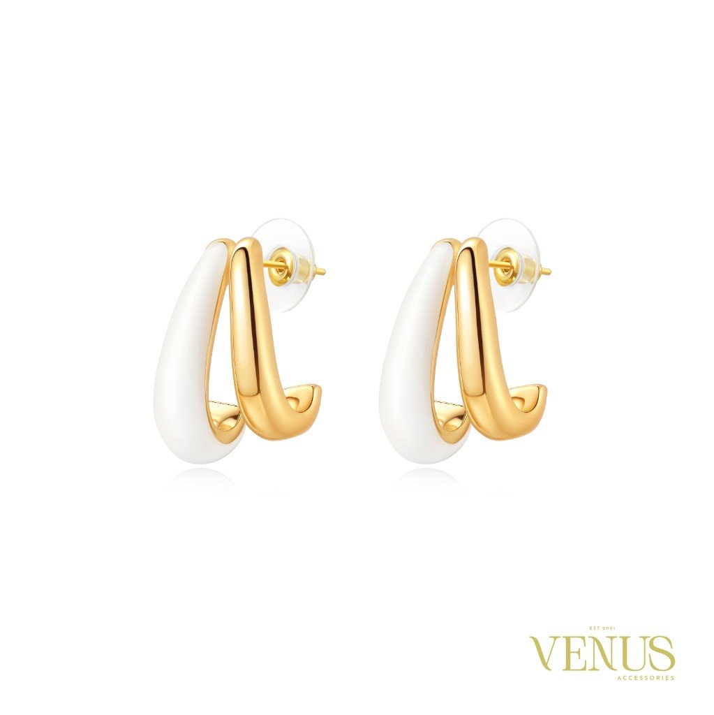 White Enamel Double Band Gold Stud Earrings