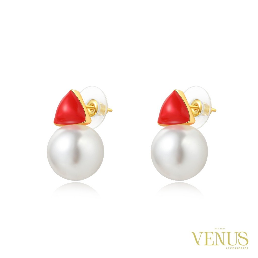 Red Triangle Pearl Drop Gold Earrings