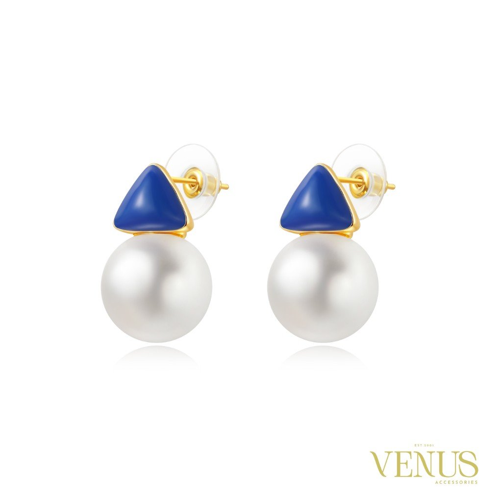 Royal Blue Triangle Pearl Drop Gold Earrings
