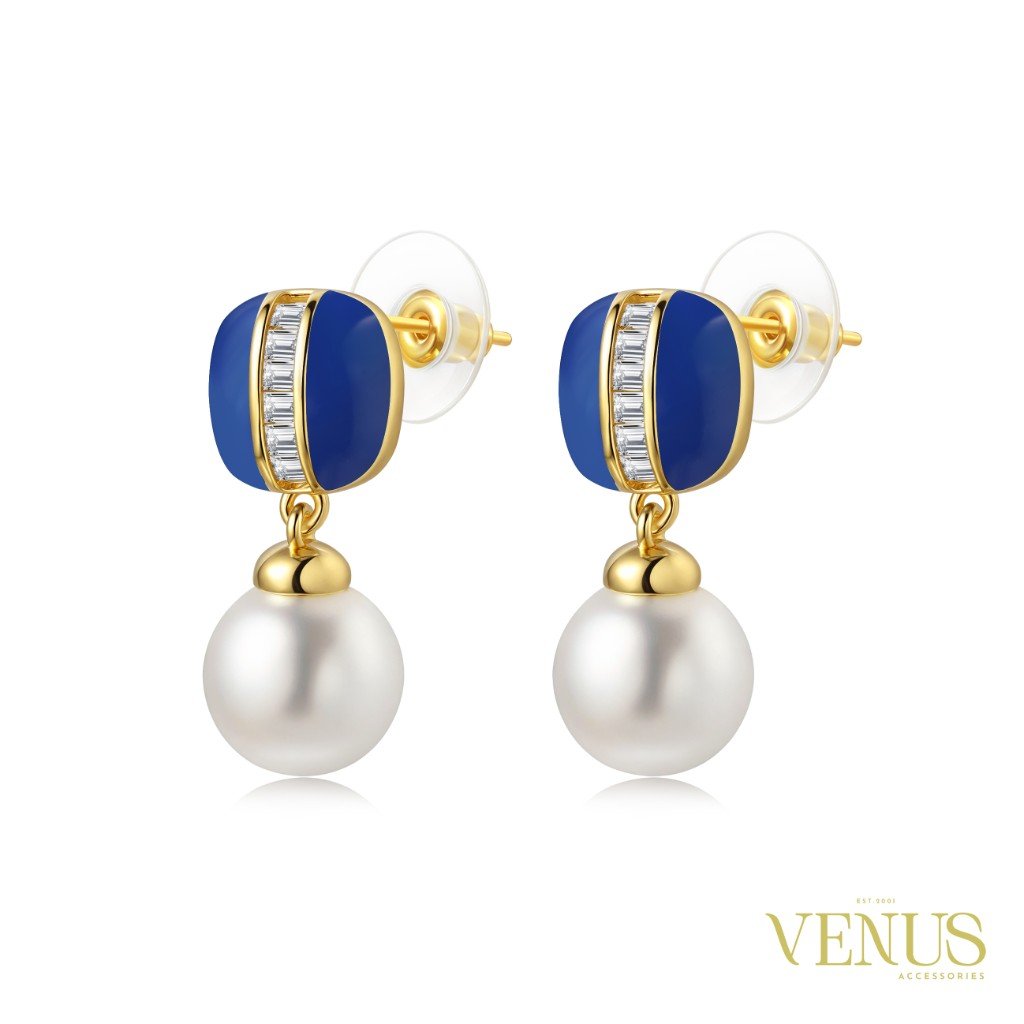 Royal Blue Baguette Pearl Drop Gold Earrings