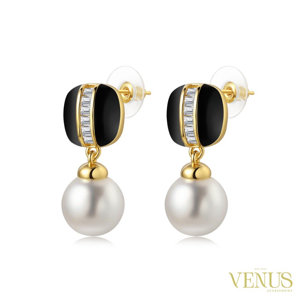 Black Baguette Pearl Drop Gold Earrings