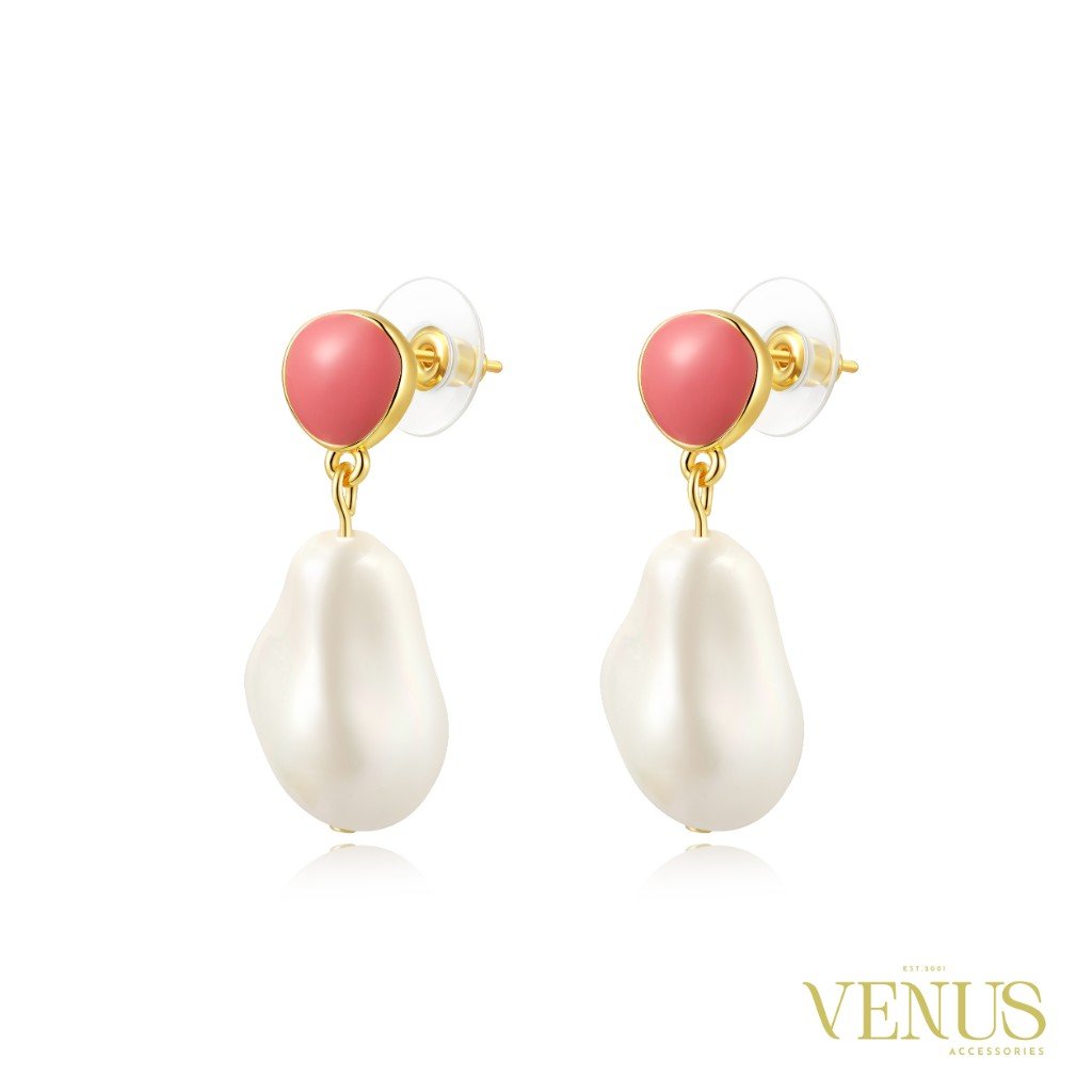 Pink Coral Baroque Pearl Drop Gold Earrings