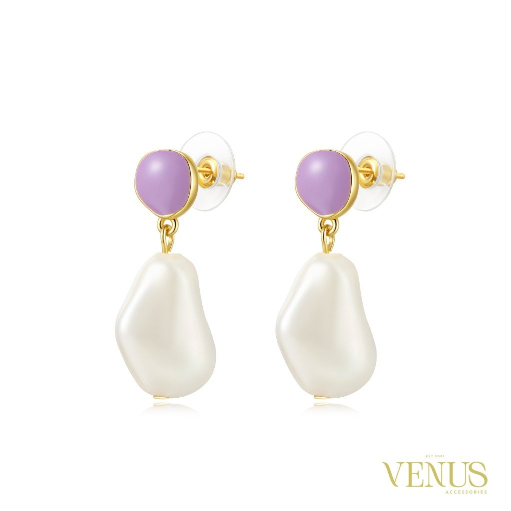 Purple Baroque Pearl Drop Gold Earrings