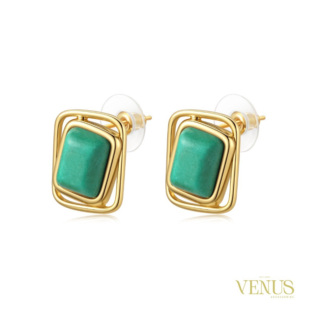 Emerald Green Frame Gold Stud Earrings