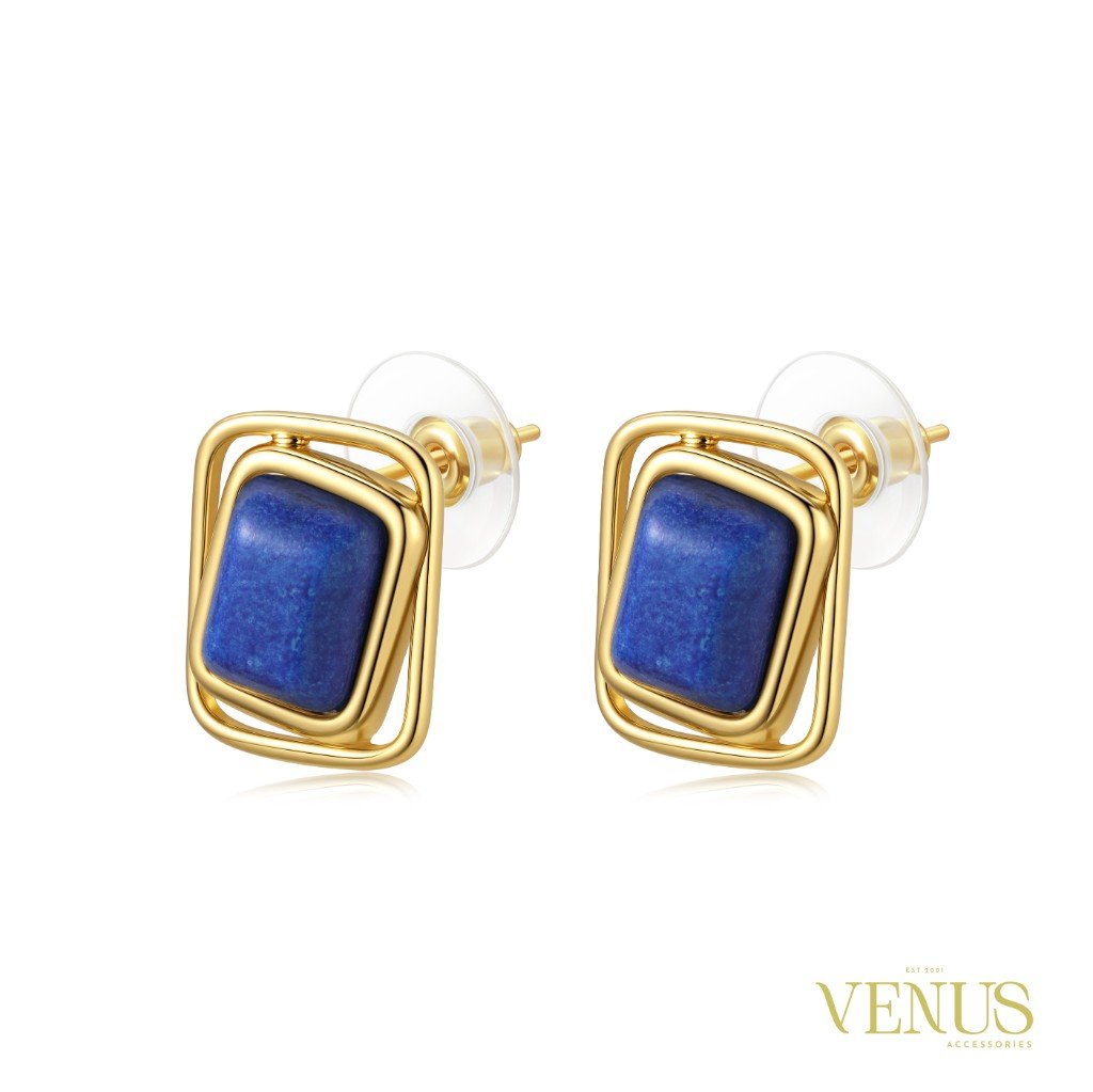 Navy Blue Frame Gold Stud Earrings