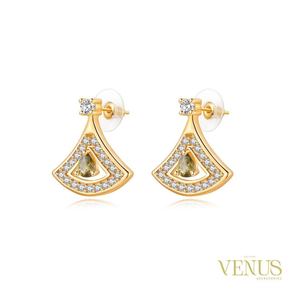 Olive Green Fan Crystal Gold Stud Earrings