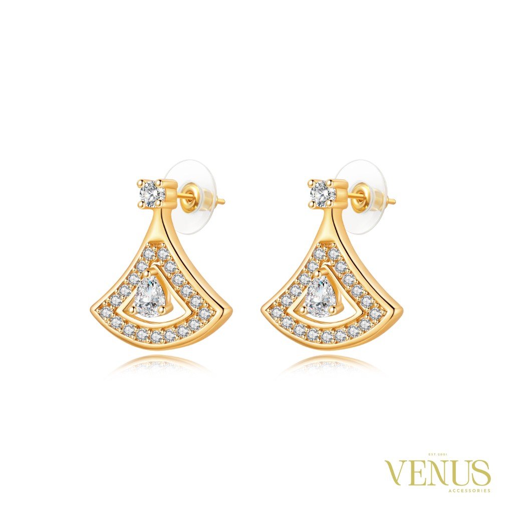 Crystal Fan Gold Stud Earrings