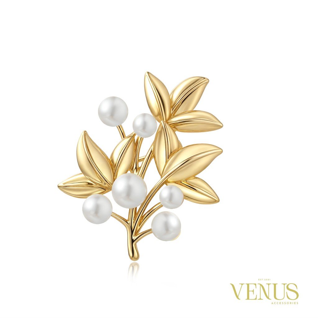 Pearl Leaf Sprig Gold Brooch