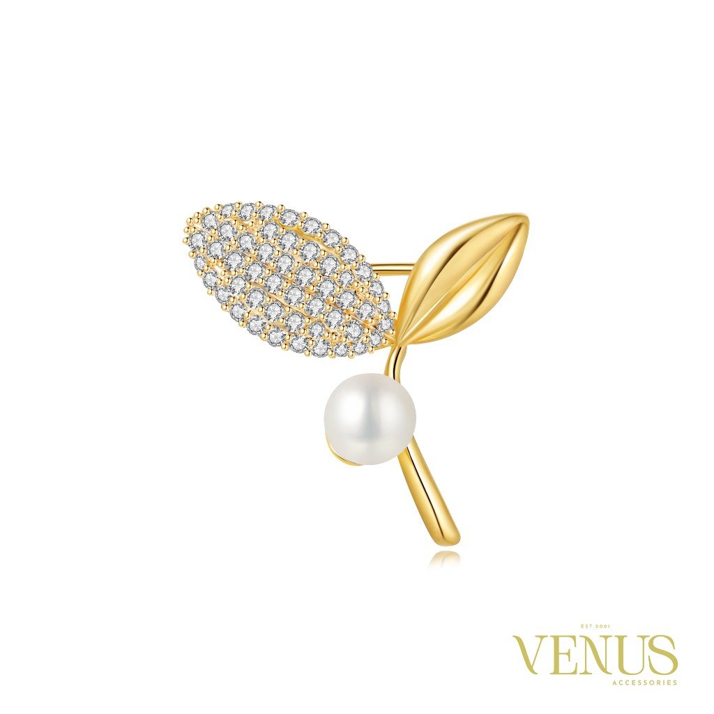 Pearl Crystal Leaf Gold Brooch
