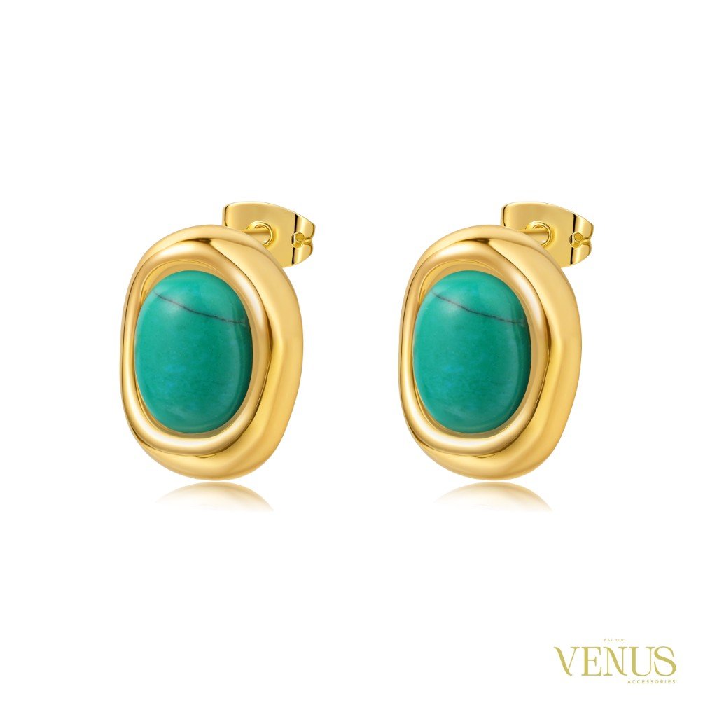 Turquoise Oval Gold Stud Earrings