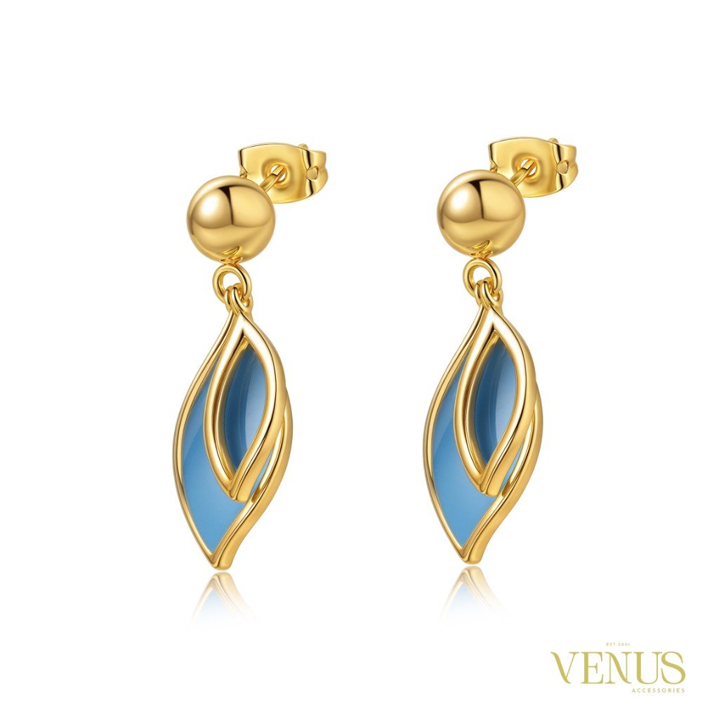 Sky Blue Leaf Drop Gold Earrings