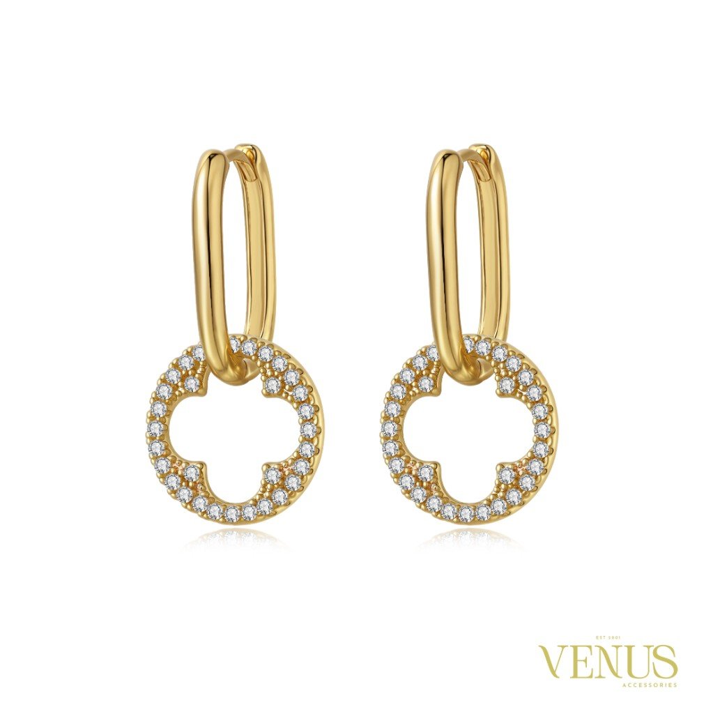 Crystal Clover Hoop Gold Earrings