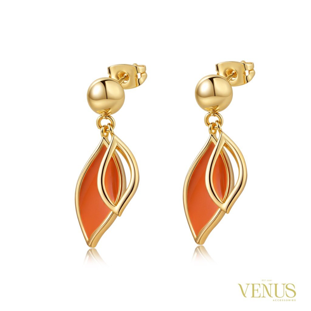 Orange Leaf Drop Gold Earrings