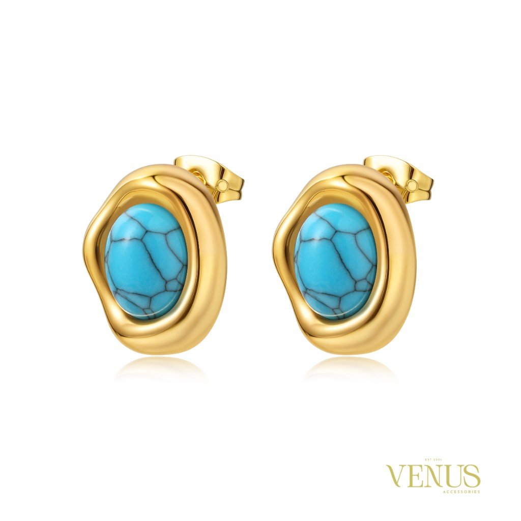 Blue Turquoise Oval Gold Stud Earrings
