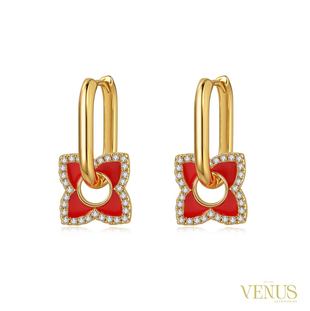 Red Clover Hoop Gold Earrings