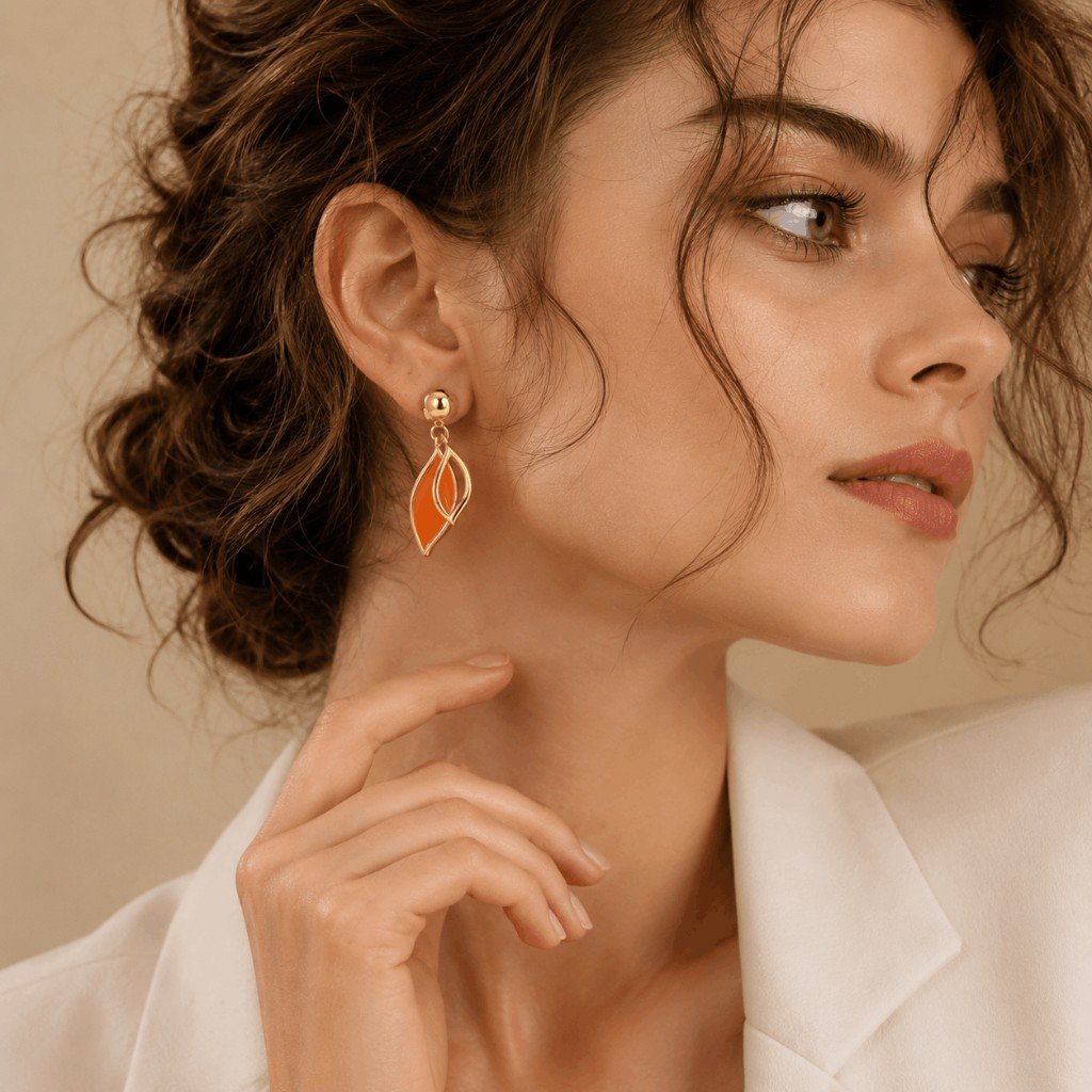 Orange Leaf Drop Gold Earrings