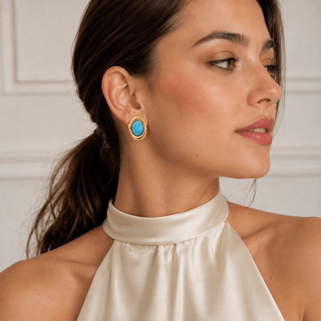 Blue Turquoise Oval Gold Stud Earrings