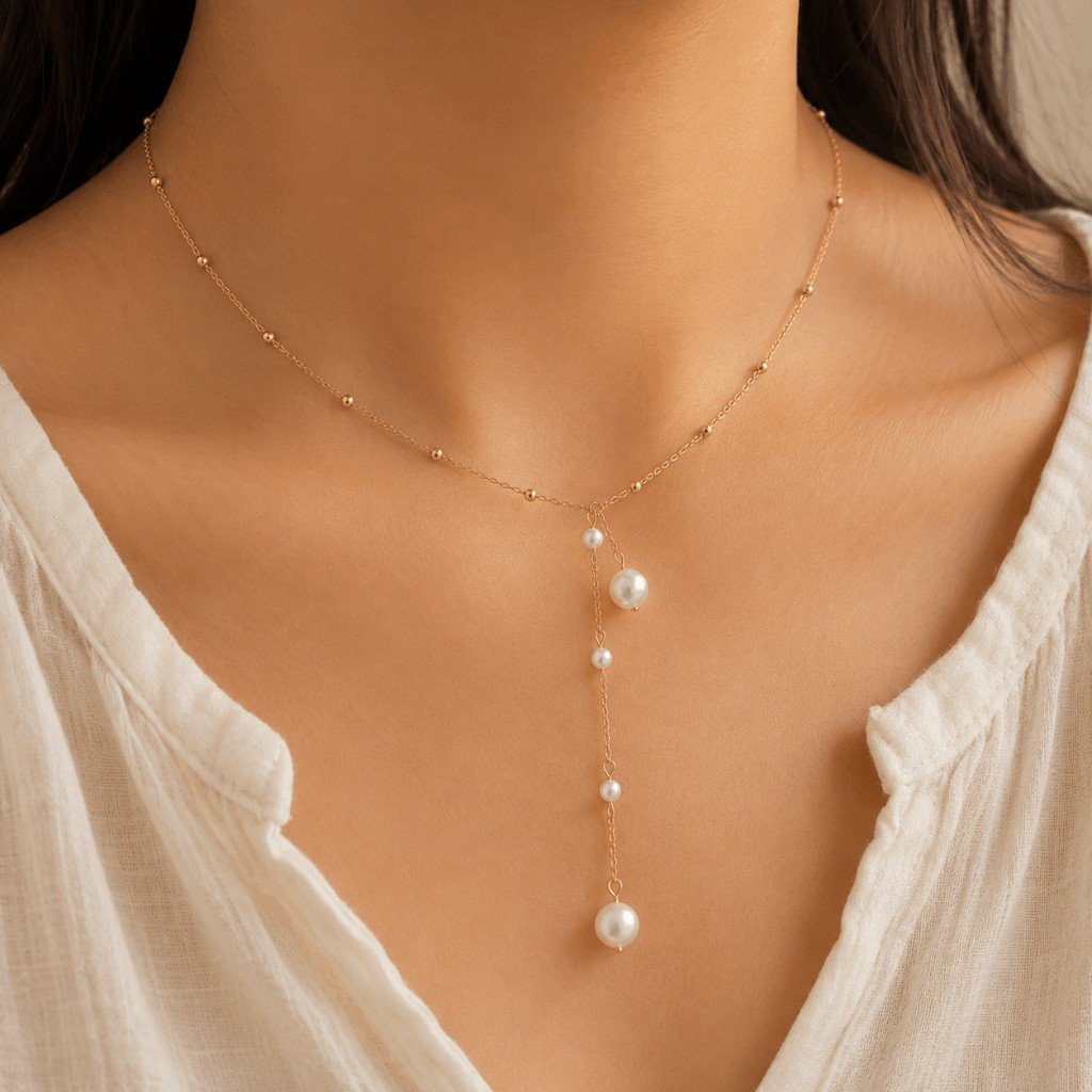 Pearl Beaded Y Gold Necklace