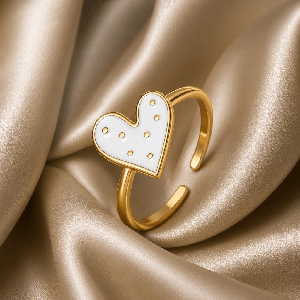 White Heart Enamel Gold Adjustable Ring