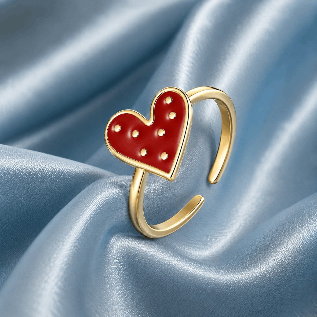 Red Polka Dot Heart Gold Adjustable Ring