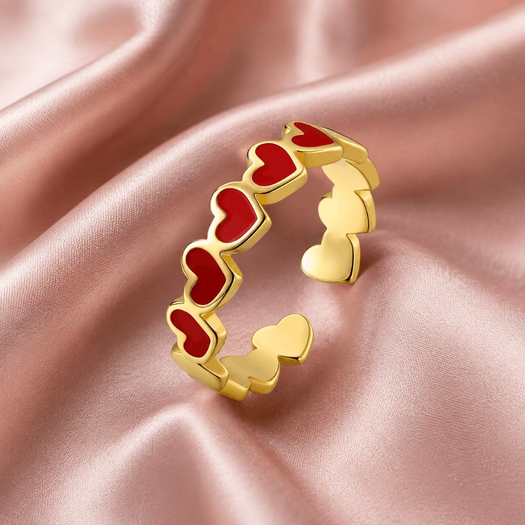 Red Heart Band Gold Adjustable Ring