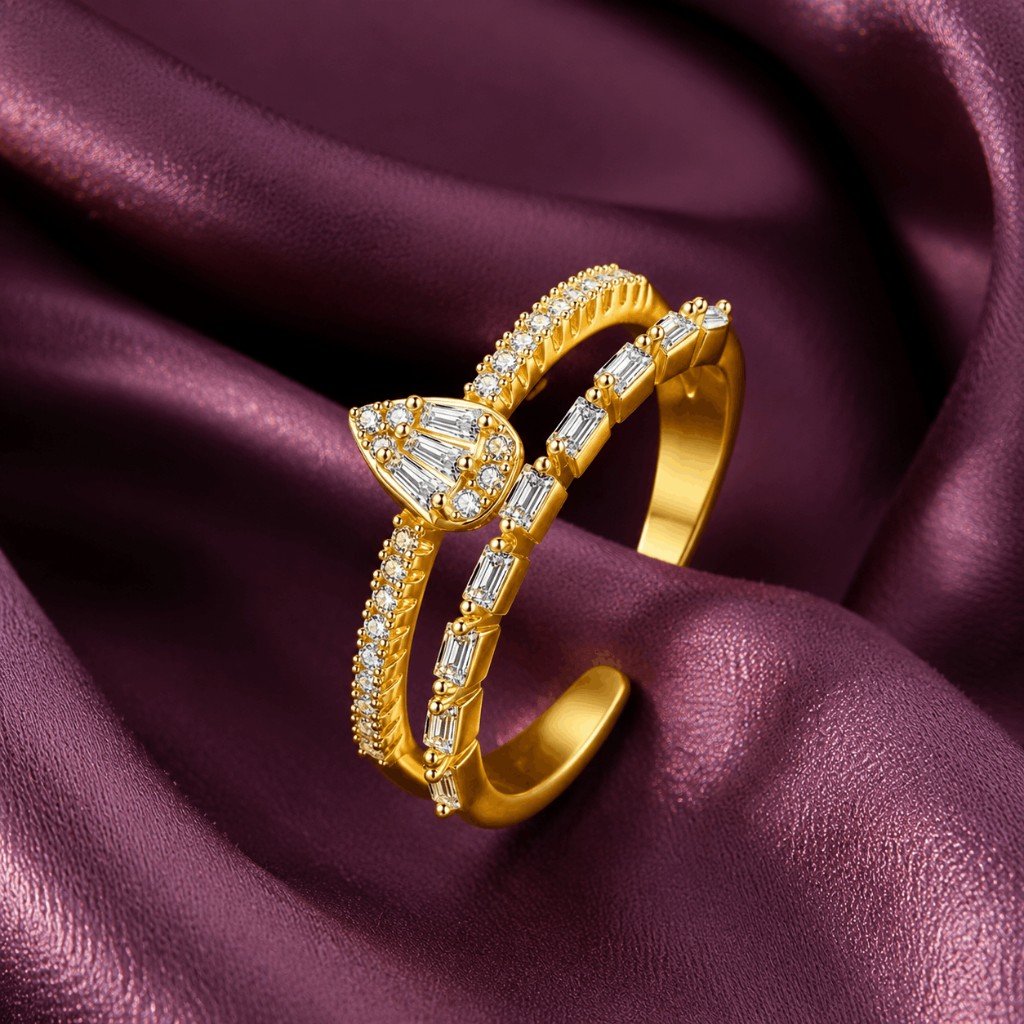 Teardrop Baguette Gold Adjustable Ring