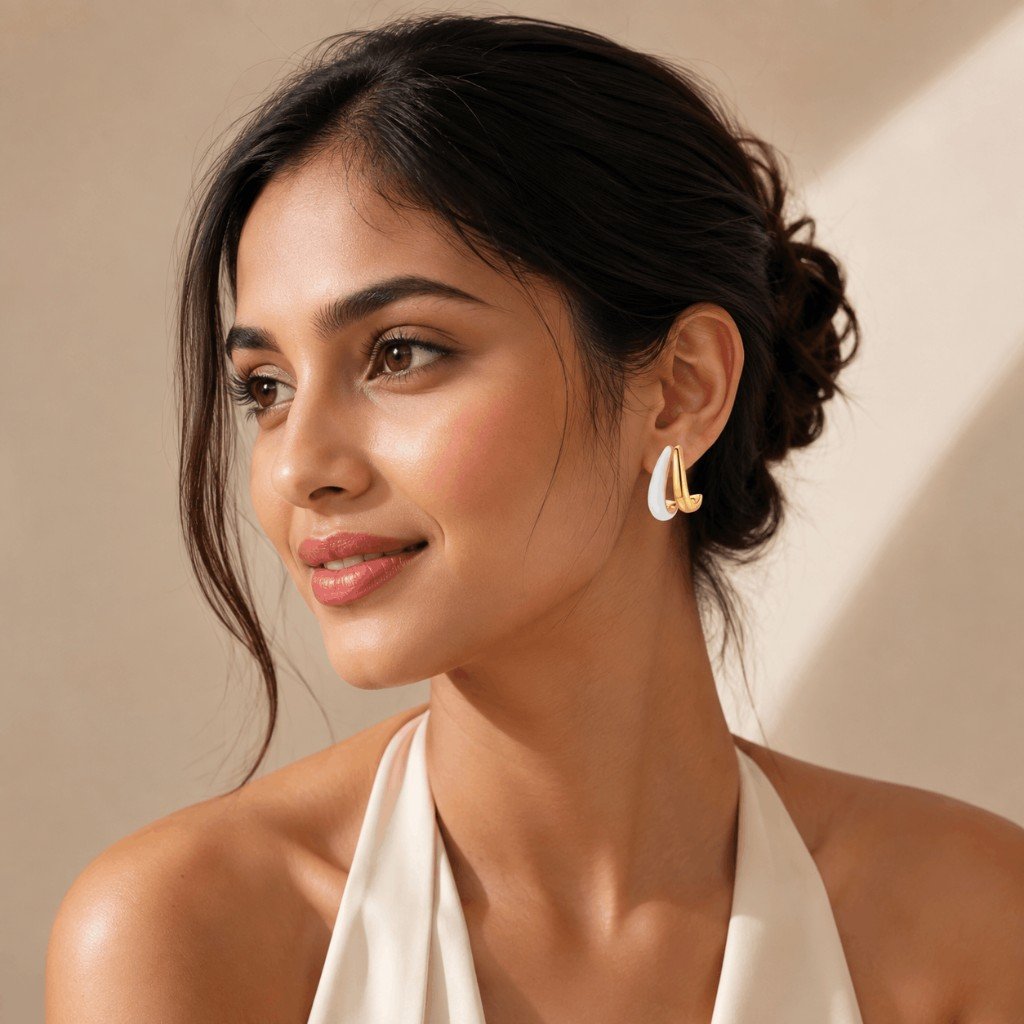 White Enamel Double Band Gold Stud Earrings