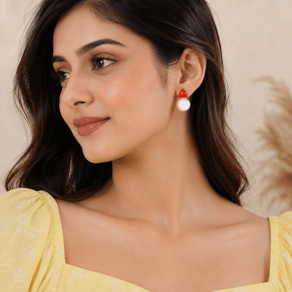 Red Triangle Pearl Drop Gold Earrings
