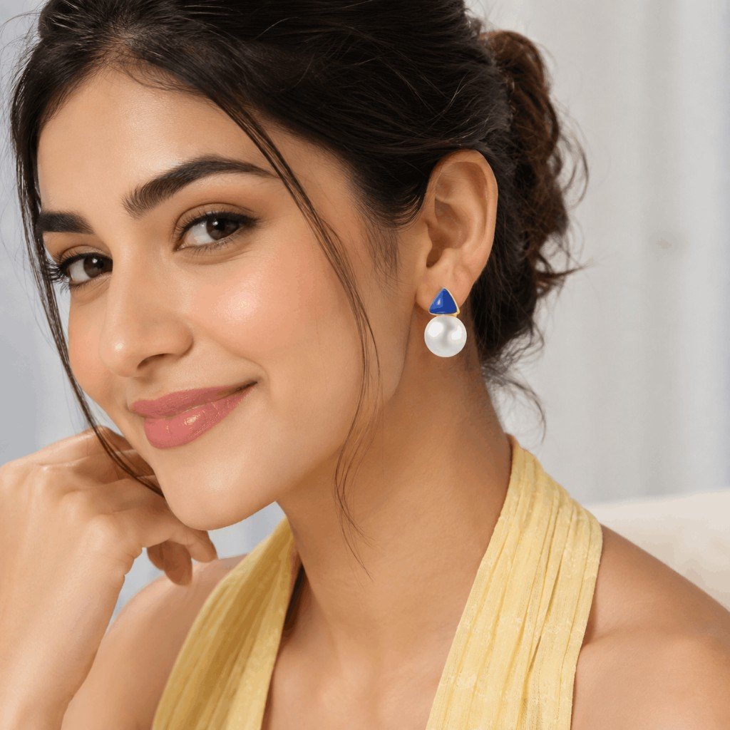 Royal Blue Triangle Pearl Drop Gold Earrings