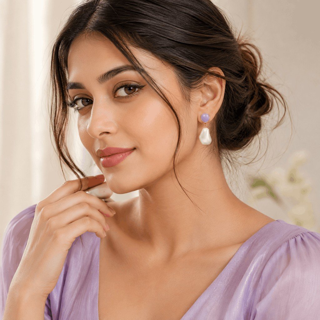 Purple Baroque Pearl Drop Gold Earrings