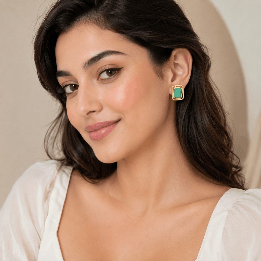Emerald Green Frame Gold Stud Earrings