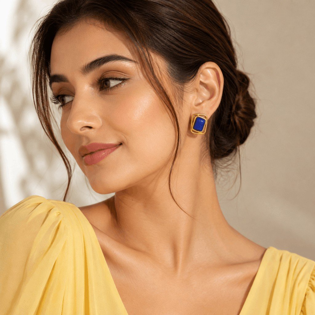 Navy Blue Frame Gold Stud Earrings
