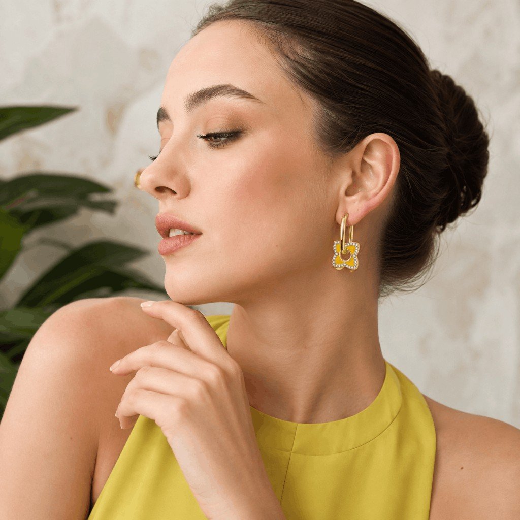 Yellow Clover Hoop Gold Earrings