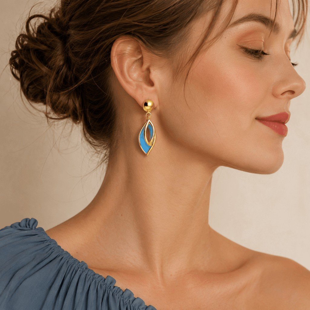 Sky Blue Leaf Drop Gold Earrings