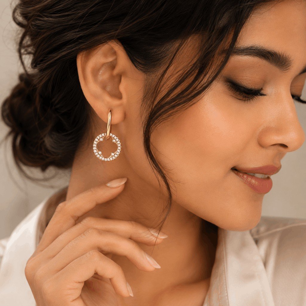 Crystal Clover Hoop Gold Earrings