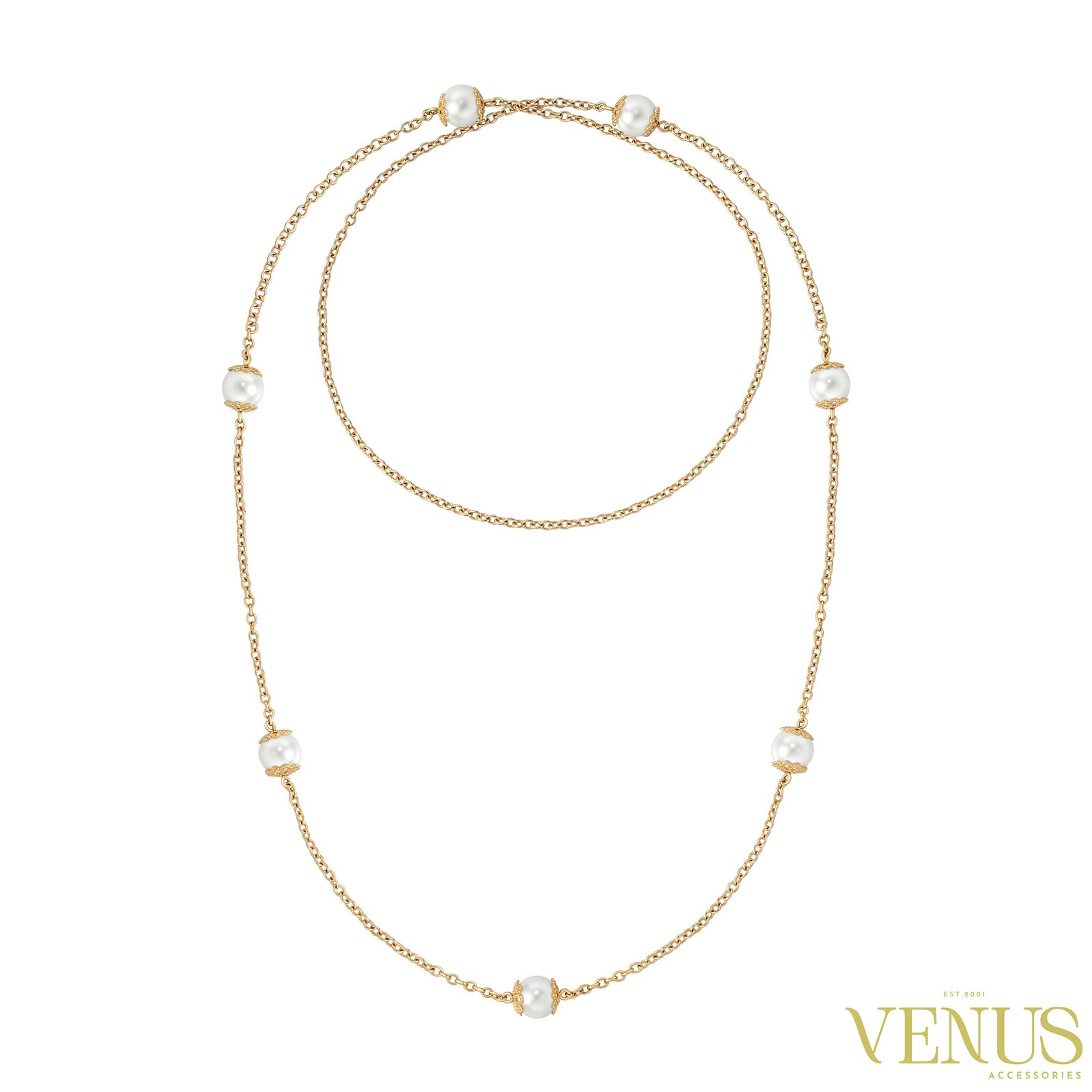 Long Gold Pearl Chain Necklace