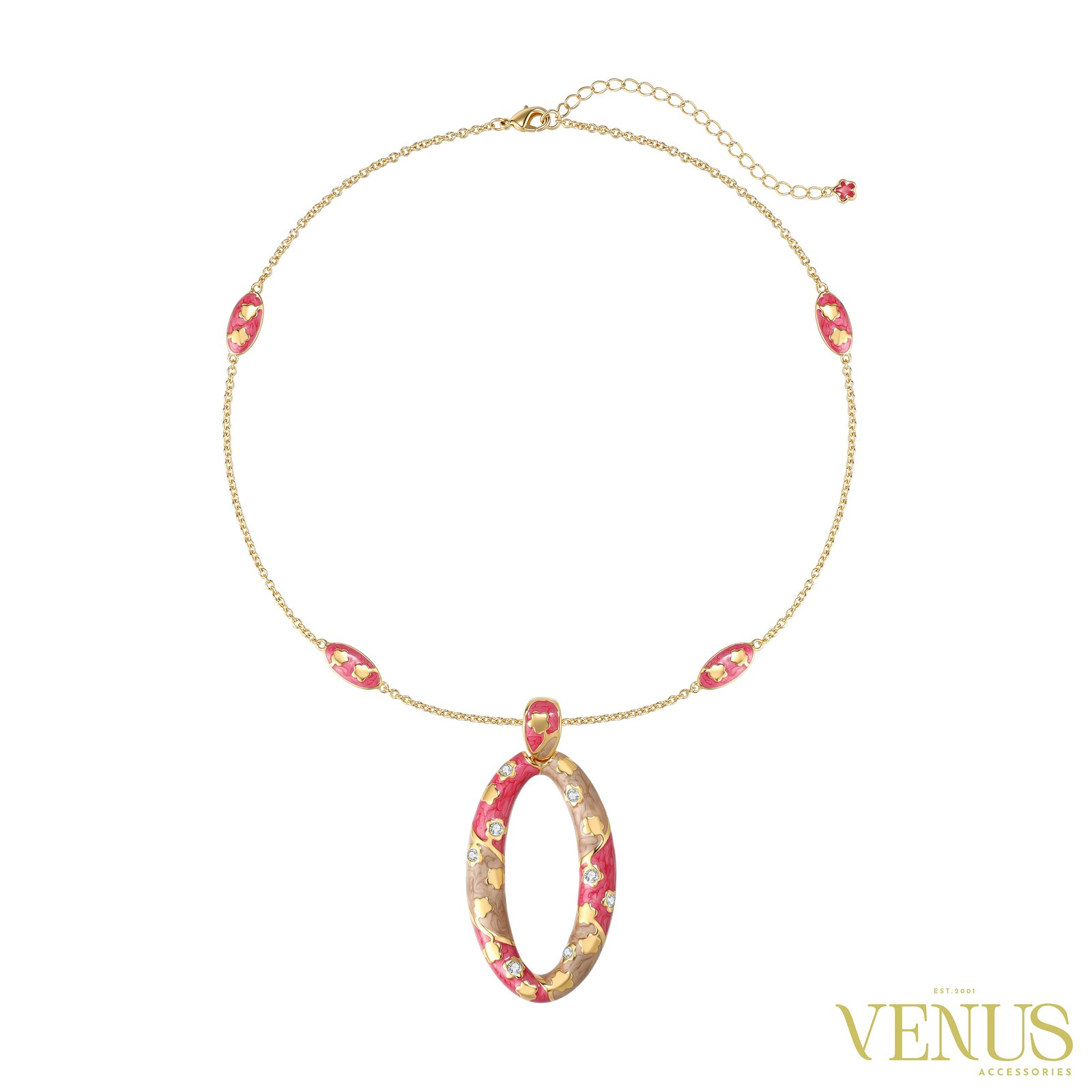 Oval Crystal Enamel Necklace – Gold
