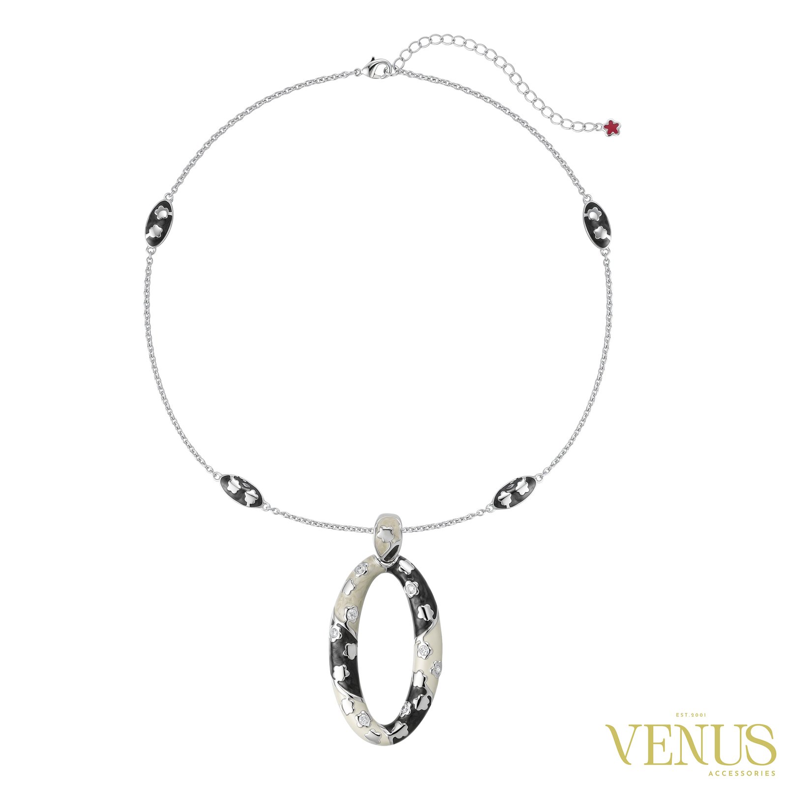 Oval Crystal Enamel Necklace – Silver