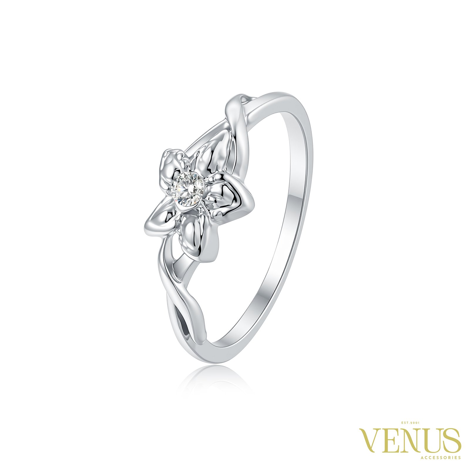 Floral Crystal Ring – Silver