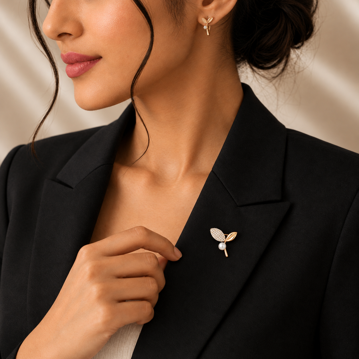 Pearl Crystal Leaf Gold Brooch