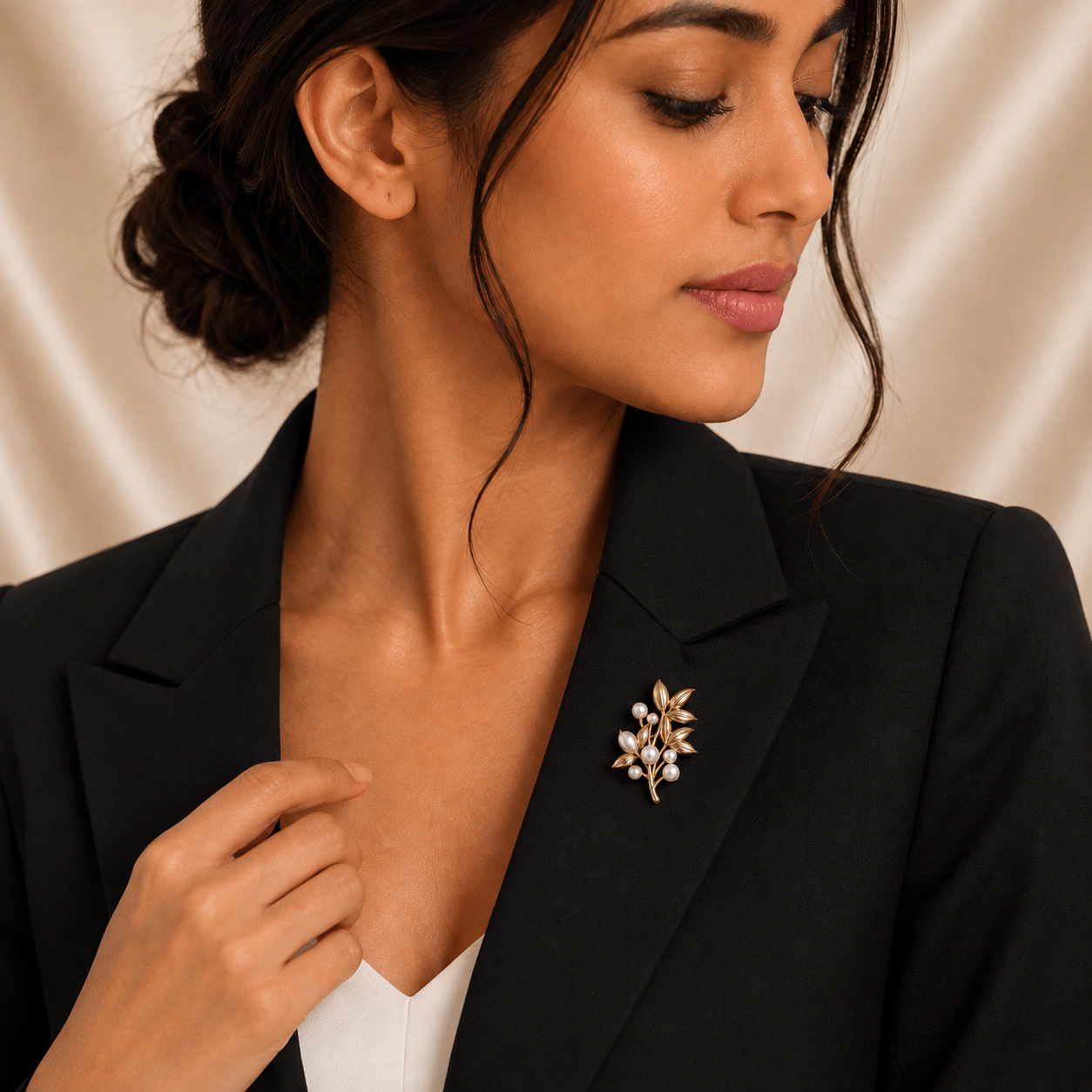 Pearl Leaf Sprig Gold Brooch