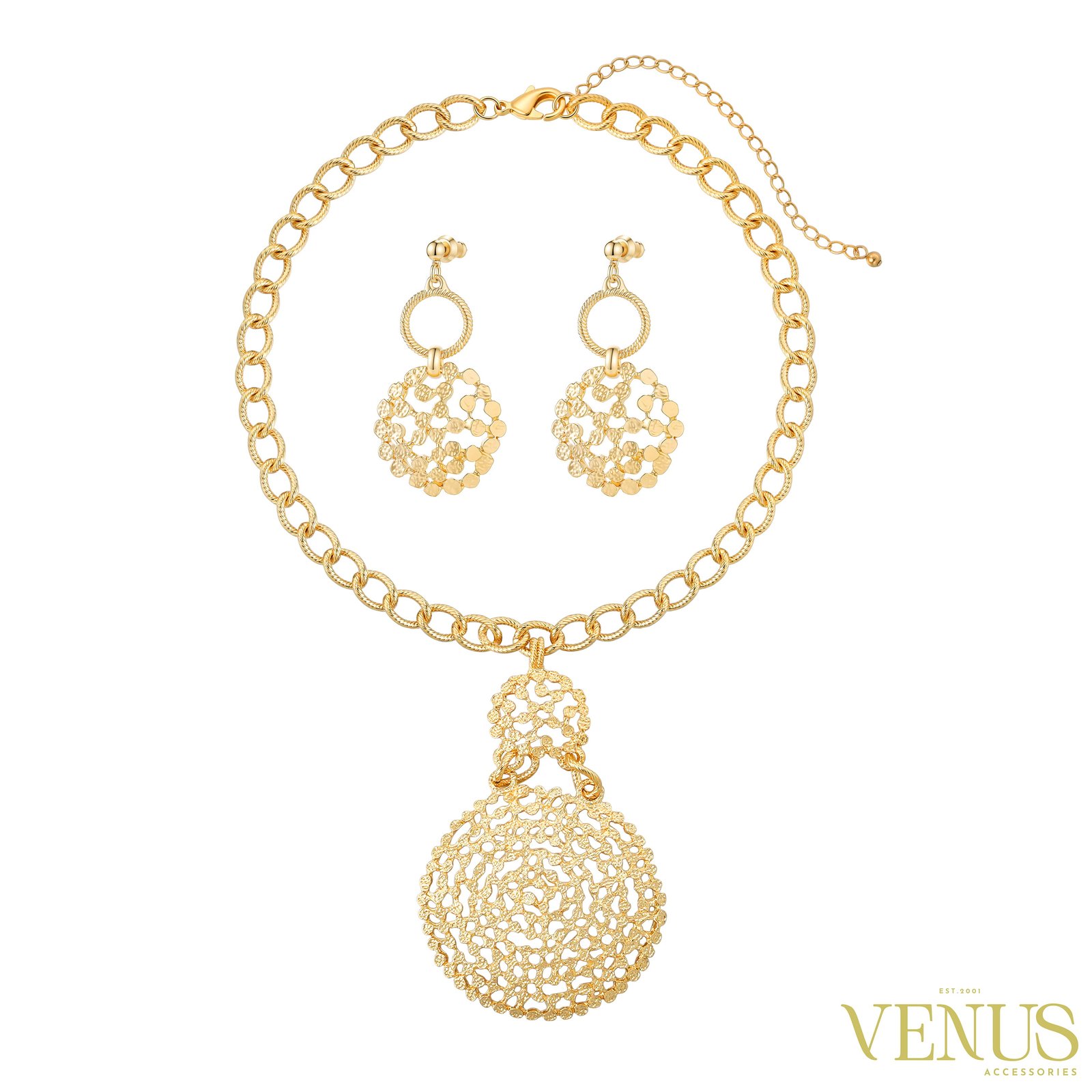 Round Pendant Necklace & Earring Set – Gold