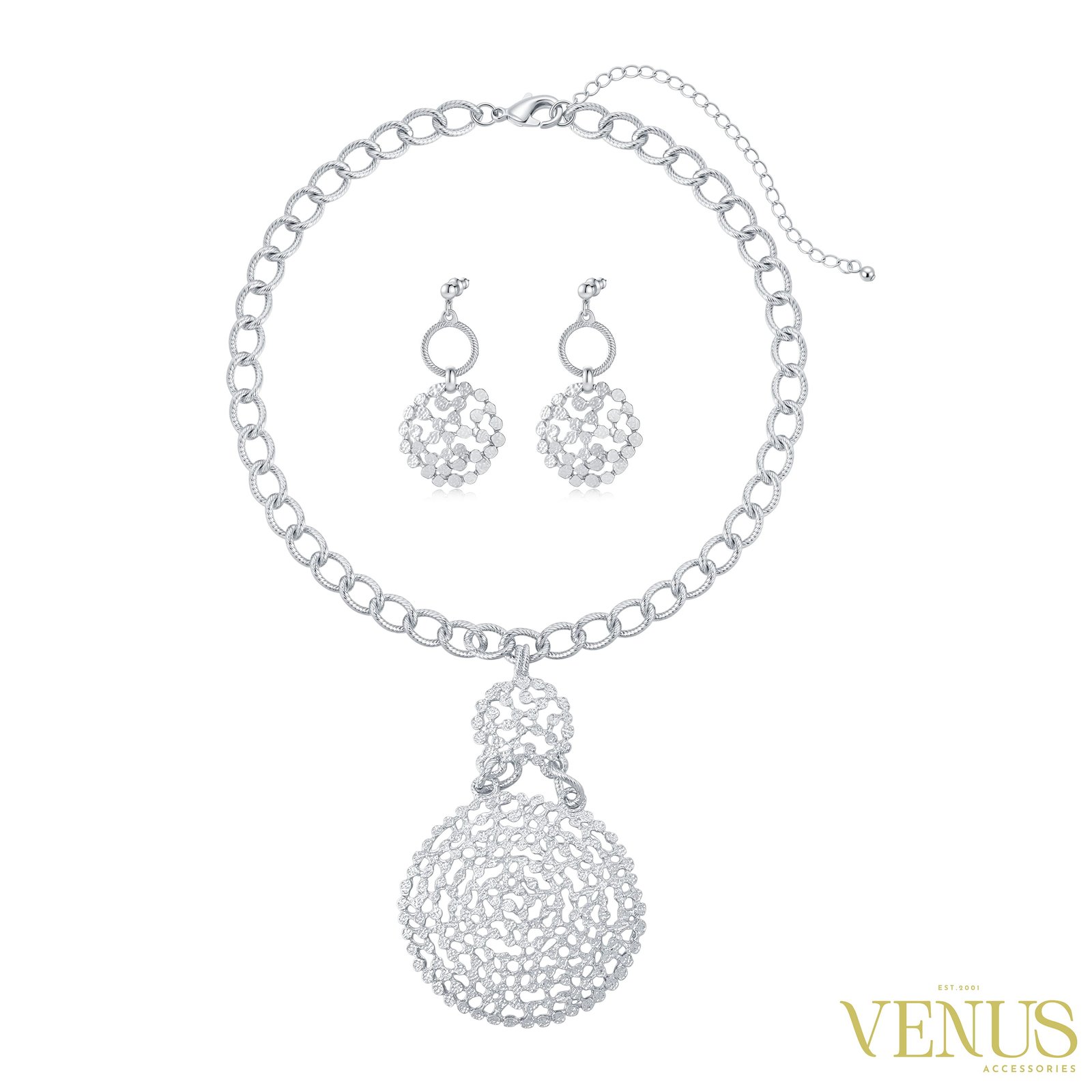 Round Pendant Necklace & Earring Set – Silver